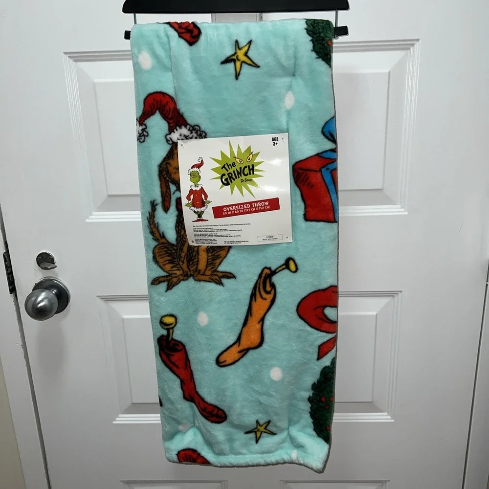 Dr. Seuss The Grinch Blanket Christmas Plush Throw Blanket 50 x 60in Teal New